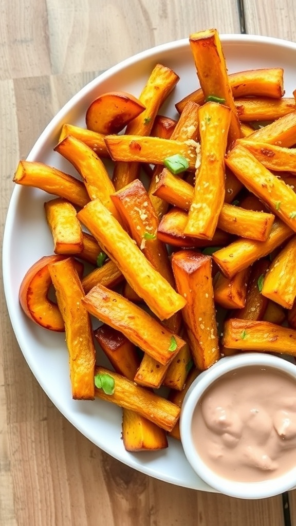 Crispy Air Fryer Squash Fries Recipe Crispy air fryer squash fries garnished with herbs and Parmesan cheese, served with dipping sauce on a rustic table.